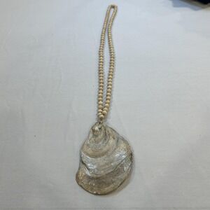 Necklace Wood Beaded Oyster Shell Anchor Pendant 20" Womens Statement Jewelry